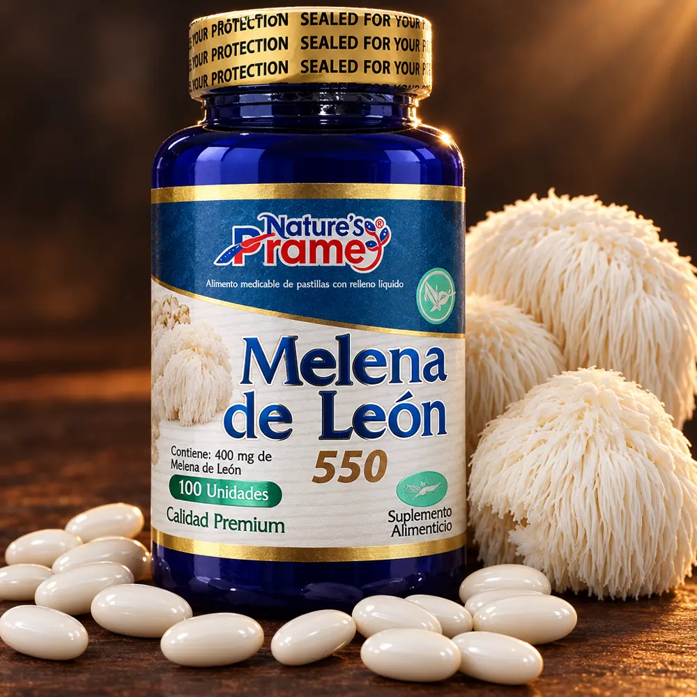 Hongo melena de león fresco junto a gomitas de melena de león PRAME