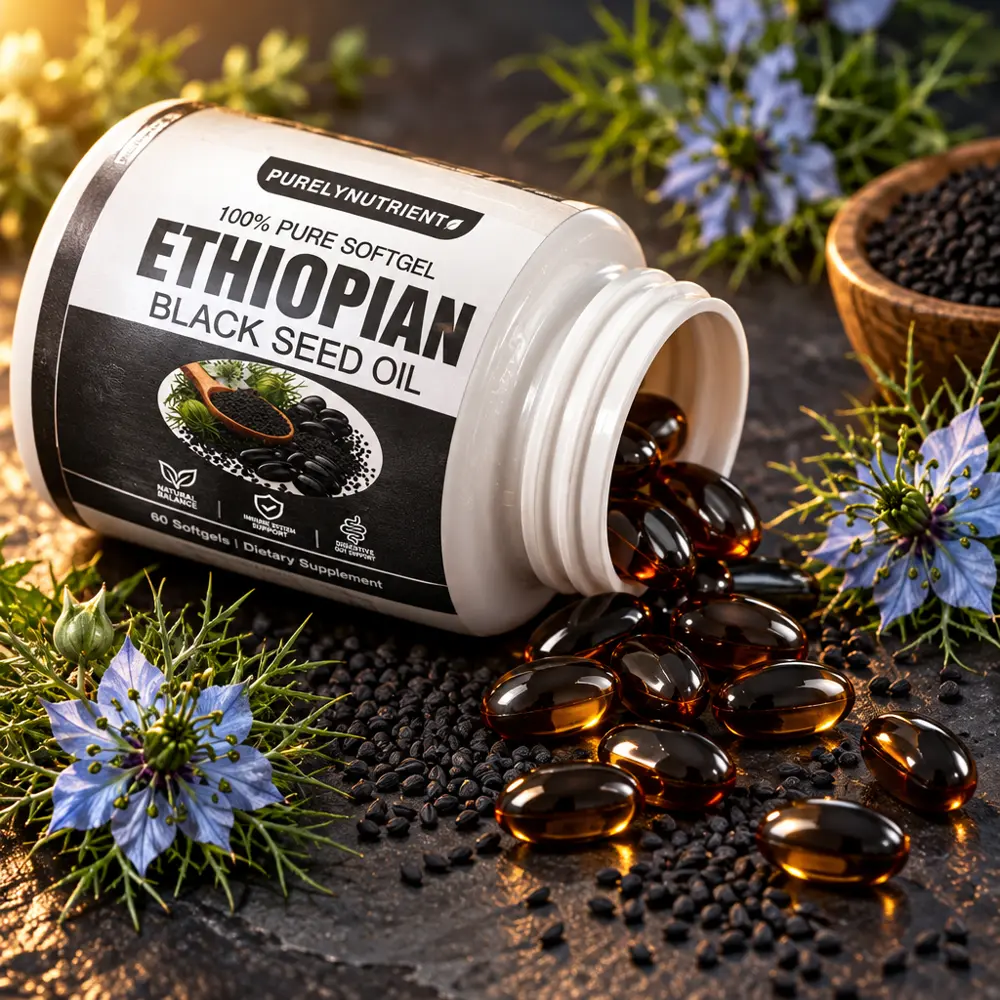Cápsulas blandas de black seed oil con semillas y flor de nigella sativa
